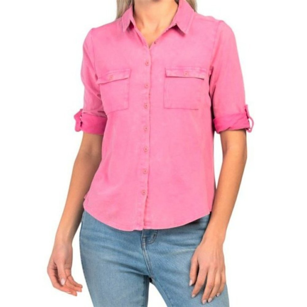 NWT CG SPORT Button Front Roll tab Sleeve Classic Collar Cotton Shirt